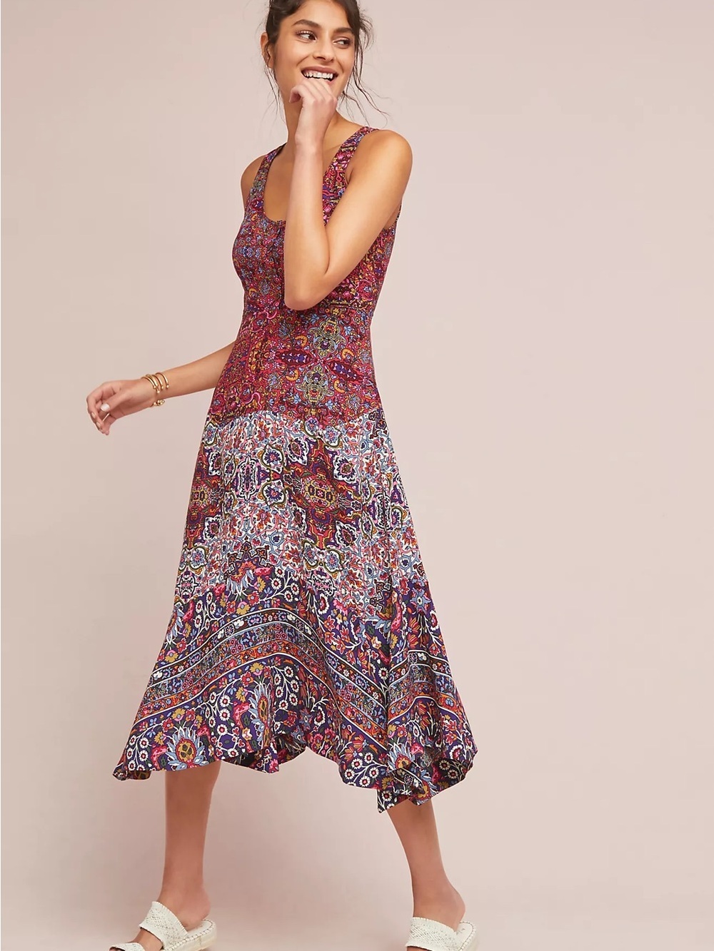 Anthropologie Red Multi Paisley Scoop-Neck Midi Dress